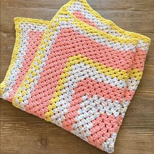 New Hand Knit/Crocheted Baby Blanket 34” x 34” orange/yellow/white